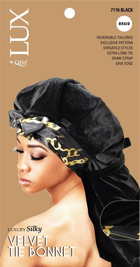 Luxury Silky Velvet Tie Braid Bonnet- Black